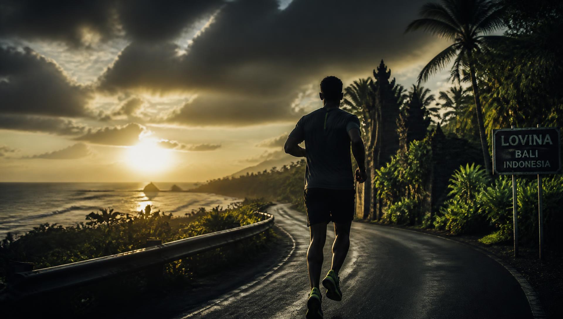 Runner on a coastal road at sunrise in Indonesia